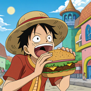 Luffy from One Piece, mouth wide open, mid-bite of a giant sandwich. Cartoon-style background with a vibrant, sunny day at Marineford