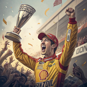Joey Logano celebrating with trophy. NASCAR victory lane. Crowds cheering, blurred background