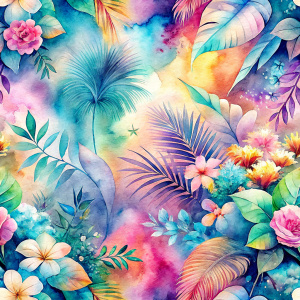 Pattern Seamless, Vintage Old, Soft Colors, abstract Tie Dye, Rainbow, Tropical Flowers Leaves