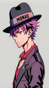 Create a side-view anime male wearing a black fedora hat with 'MONAD' written on it."
