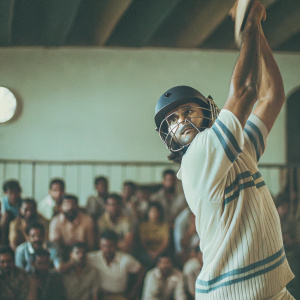 Mahendra Singh Dhoni, in vibrant action shot at a cricket stadium. Diverse crowd in background, blurred by shallow depth of field. Dynamic pose with batting helmet and white jersey with navy blue stripes.
