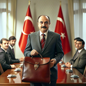 Draw a Turkish man interested in politics. Let the man have a bag in his hand. Let it be a meeting room.