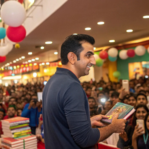 Gautam Gambhir, Indian cricketer, at a book launch event. Large crowd and vibrant atmosphere