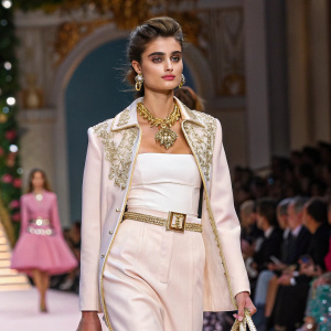 Taylor Hill walking on the Paris Fashion Week runway.