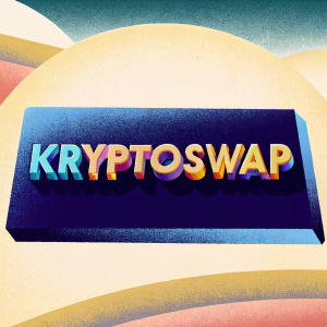 A sleek digital advertisement for KryptoSwap. The design is minimalistic, with the brand name 'KryptoSwap' prominently displayed in vibrant colors against a dark background. The logo is the focal point, with a modern, bold typography that catches the eye.