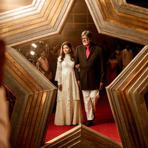 Amitabh Bachchan and Shweta Nanda at the Star Screen Awards. Elegant black suit with red tie. Shweta Nanda in long white lace dress with intricate detailing. Red carpet, crowded event backdrop.