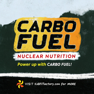 CARBO FUEL by Nuclear Nutrition - Power up with CARBO FUEL! 

Design: Yellow, black, red with rugged, distressed look.
Fonts: Bold, impactful.
Background: Dark, textured.
Website: Visit KabFitFactory.com for more.