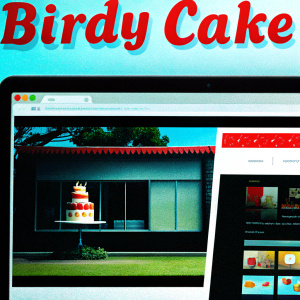 Birdy Cake's official website, featuring vibrant red and brown hues. Prominent logo at the top. Multiple images showcasing studio's services and past work.