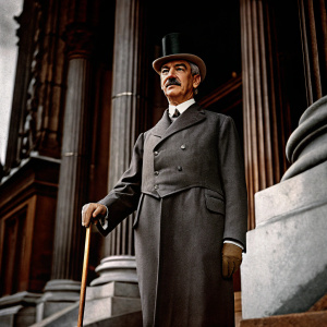 Black and white photo: Neville Chamberlain, standing upright outside the British Parliament, holding a cane. Wears a dark suit, top hat, and has a mustache. The building's grand columns and intricate details are visible in the background.