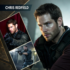 Digital collage showcasing Chris Redfield. Featuring close-up face shots, action poses. Dark and moody color palette. Includes text elements