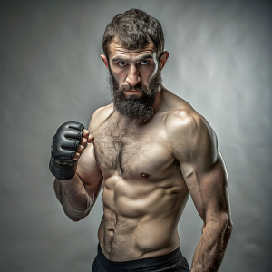 Skinny Dagestani man, with a Muslim beard, short combed hair, no shirt on, standing in Muay Thai stance, wearing MMA gloves