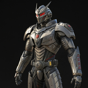A 3D render of a futuristic robot warrior, reminiscent of Kamen Rider Ryuki. Gray and metallic, detailed armor. Stands strong with broad chest and arm-like structures. Prominent mask-like face.