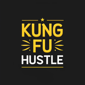 Logo design for Kung Fu Hustle. Bold, modern script in bright yellow. Simple black background.