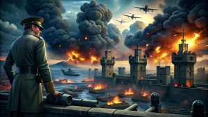 Create an animated scene showing the building blocks of World War II, with ominous clouds gathering and a clock ticking toward the inevitable outbreak of 1939.