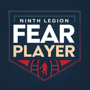 Modern graphic design for 'Ninth Legion Fear Player'. Bold logo featuring 'Fear' in large, stylized font. Dark background, logo in white.