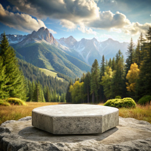 empty stone podium in forest with mountains for product presentation 