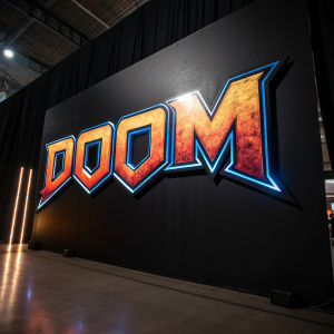 The DOOM logo, featuring vibrant hues of orange, blue, and metallic highlights, set against a sleek black backdrop.