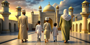 The family consists of wife, husband and children walking to the mosque to pray.