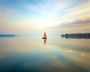 little sailing boat in the distance on a still lake