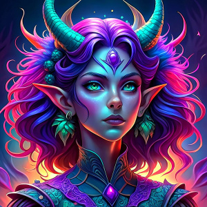 Succubus with gradient hair in purple, lilac, pink colors, with mysterious face