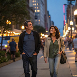 Jon Tenney and Teri Hatcher walking down a bustling city street at dusk. Both are casually dressed.