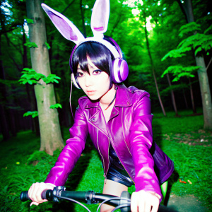 anime androgynous guy biker leather rabbith ears music in the woods