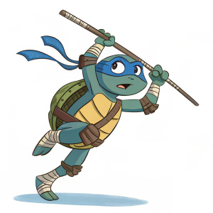 Leonardo, a Teenage Mutant Ninja Turtle, mid-jump with a staff in hand. Simple, white background.