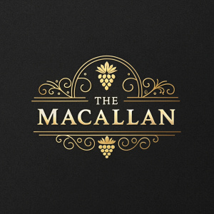 Luxury whisky brand The Macallan showcased with sleek logo design. Gold emblem and elegant font on black backdrop.