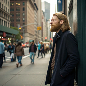Domhnall Gleeson, with a beard and long hair, standing on a bustling city street. Backdrop is a crowded sidewalk in New York City.