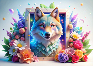 crea una hermoso lobo colorido y tierno realista sonriente 3d a un lado de un marco grande 3d para fotos vacío, agarrando y sin tapar el marco por fuera adornado con flores coloridas hermosas alrededor del marco que no tape el marco y rosas hermosas de colores y 3 flores blancas 3d realistas al rededor con destellos de luces coloridas con estrellas en un fondo totalmente blanco y una hermosa flor blanca