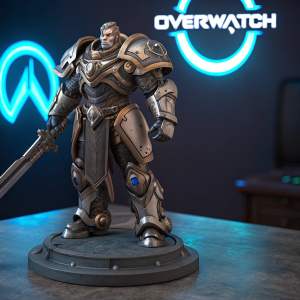 3D model of Overwatch Reinhardt Crusader. Highly detailed armor. Standing on dark grey platform with neon blue Overwatch logo in background.