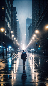 Plano general de una persona caminando sola por un paisaje urbano sombrío y lluvioso. Música tranquila y melancólica de fondo