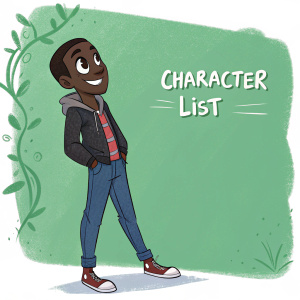 Cartoon character list in Spanish. Dark-skinned male in casual attire standing against a green backdrop.
