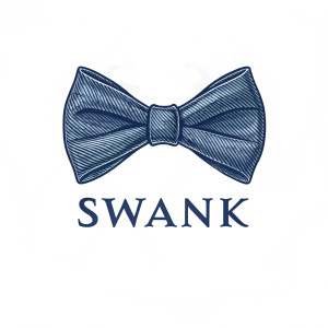 Minimalist logo featuring a sleek bow tie design in navy blue. Below it, the text 'SWANK' in a modern serif font.