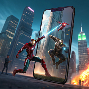 Close-up of smartphone wallpaper. Dynamic 3D render of Iron Man and Spider-Man battling villains. Futuristic cityscape with towering skyscrapers