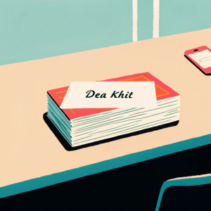 A sleek stack of business cards for Dea Khit, placed neatly on a dark wooden desk.
