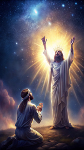 Um homem ajoelhado em oração, com as mãos erguidas para o céu, enquanto Jesus, vestindo trajes bíblicos e uma coroa de espinhos, aparece ao seu lado, estendendo as mãos em um gesto de acolhimento e amor.