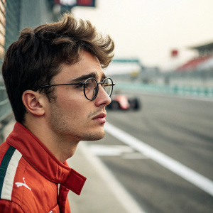 Charles Leclerc, a youthful and focused Formula 1 driver, in a candid shot. Intense gaze with dark-framed glasses, blurred racing track in background