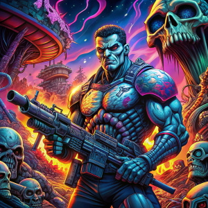 Psychedelic, Mushroom aesthetic, comic book character, Marvel Comics' The Punisher, dark vibe, trippy, violent, shooting entire armada with large scale machine gun