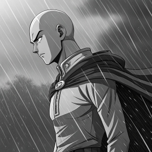 Saitama from One Punch Man anime, standing in the rain. Determined expression, graphic style with bold lines and deep shading.