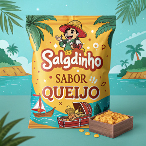 Packshot of Salgadinho Sabor Queijo snacks. Cartoon pirate character on vibrant, eye-catching packaging.