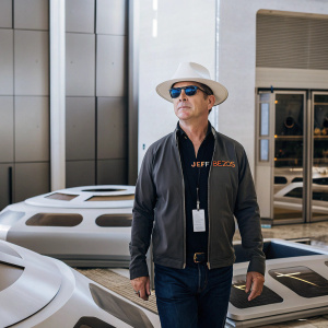 Jeff Bezos, standing in front of a sleek modern office space. Dark sunglasses, casual attire, white hat, and a name tag. The room is filled with tech gadgets and futuristic design elements.