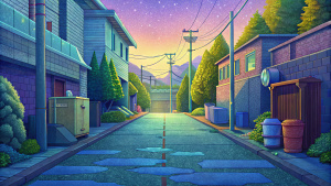 manga-style--anime-style- back alley, Asphalted road, parking spaces, A cozy cul-de-sac with garbage.