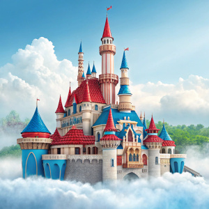 Promotional artwork for Adlabs Imagica theme park. Large castle with intricate towers and vibrant blue and red hues. Floating cloud-like base.