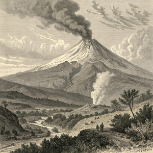 An intricate vintage illustration depicting Cotopaxi volcano, positioned within Ecuador's Andes Mountains. Thick smoke ascends from its peak.