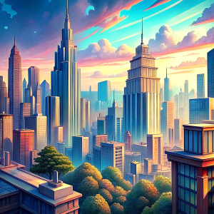 anime background city big buildings