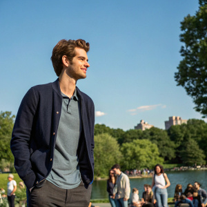 Andrew Garfield, actor, dressed in casual attire. Park setting with clear blue sky. Friends and fans in the background.