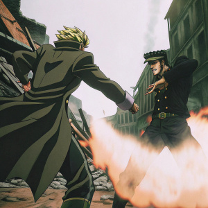 Comic panel featuring Jotaro Kujo and Dio Brando in a fierce battle. Dynamic action scene with dramatic shadows and bold colors.