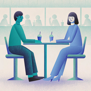 Harry Styles and Olivia Wilde, hanging out at a bustling cafe. They both wear casual outfits and exchange warm smiles.