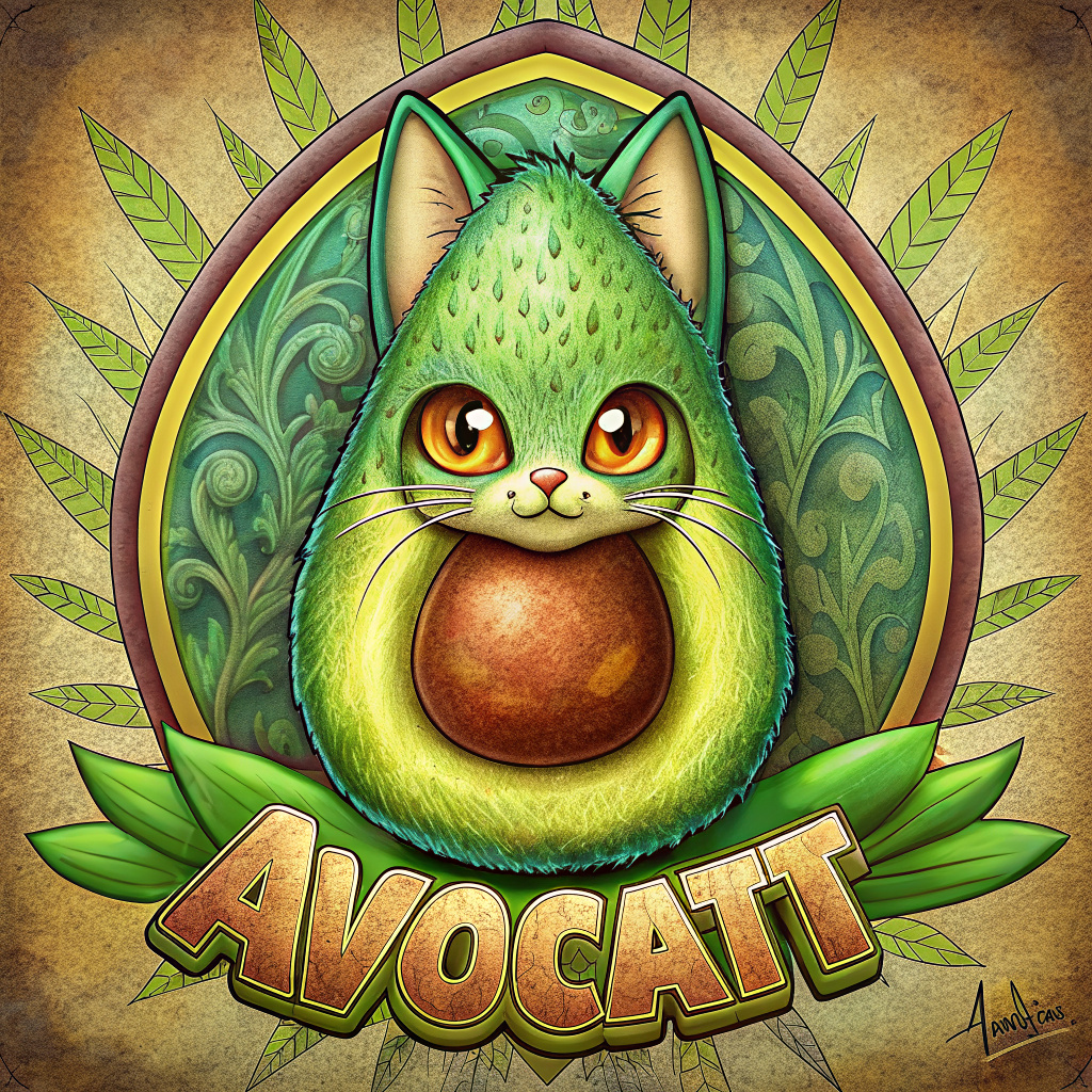 IMAGE OF AN AVOCADO WITH THE HEAD OF A CAT TEXT "AVOCATO"